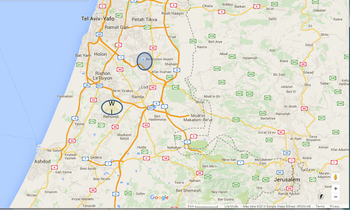 Map of the area, Weizmann Institute of Science and Ben Gurion Airport