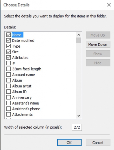 Adding the Attributes column in the Choose Details dialog