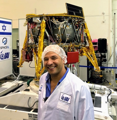 SpaceIL’s Mission Scientist Prof. Oded Aharonson of the Weizmann Institute next to the Beresheet spacecraft after integration of the magnetometer instrument. 