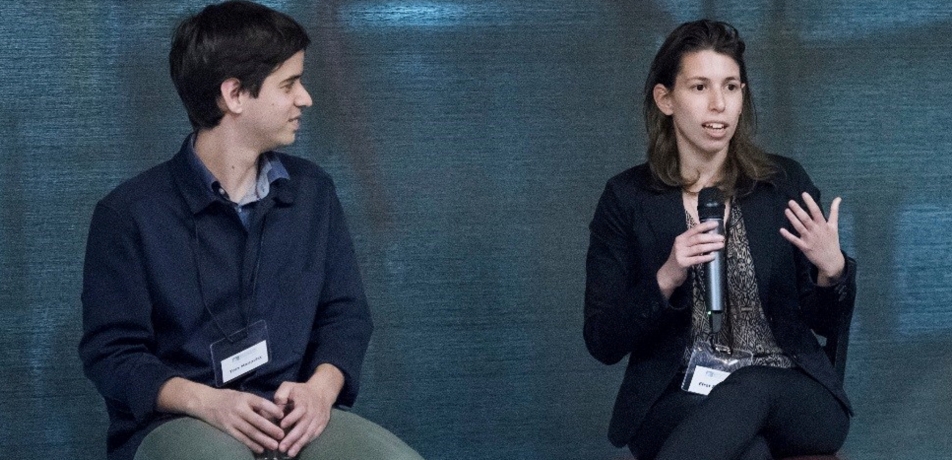 Feinberg Graduate School students Tom Manovitz and Efrat Resnick speaking to guests at Funky Buddha Brewery in Oakland Park, Florida.