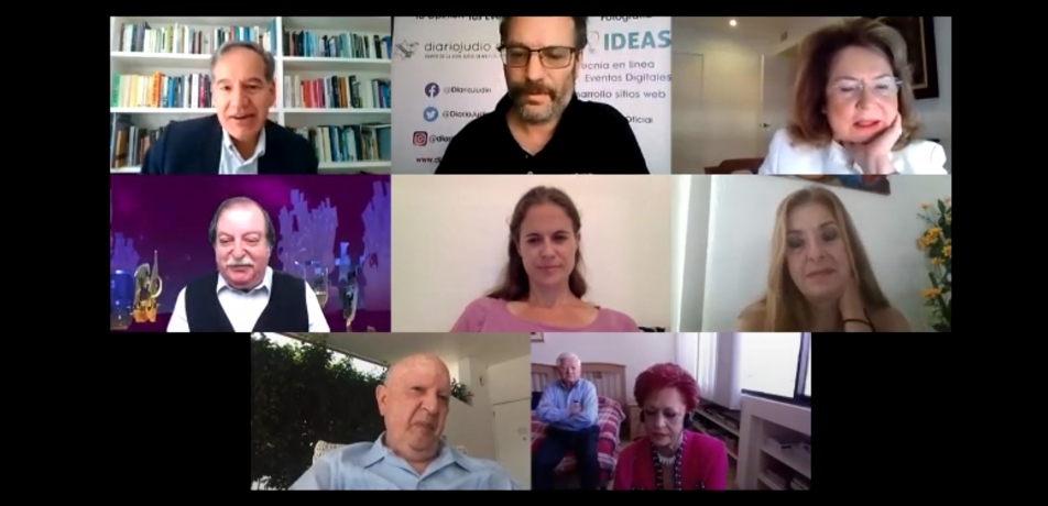 “Beyond the Higgs boson” virtual conference. In the picture, from left to right, up to low:    Dr. Gerardo Herrera Corral; Isaac Ajzen, Director of Diario Judio; President of the Mexican Association, Silvia Baum de Gerson; José Gordon; Dr. Shikma Bressler; Paulina Gallego; Martin Kushner and Martha Flisser. 