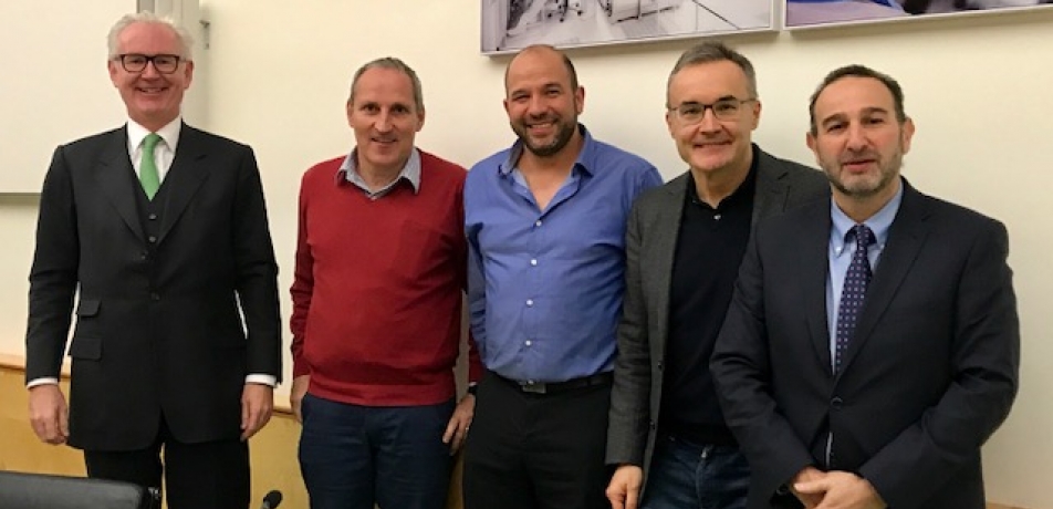 (L-R) Dr.  Nikolaus Pitkowitz, Chairman of the Austrian Society; Mr. Franz Viehböck, first Austrian astronaut; Prof. Oded Aharonson; Prof. Peter Knoll, board member of the Austrian Society; and Zohar Menshes, Executive Director of the European Committee.