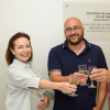 Ilana and Pascal Mantoux with Prof. Jacob Hanna (center), raising a toast to a decade since the establishment of Hanna’s lab in the Mantouxs’ name.